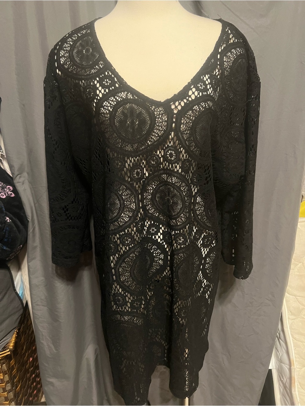 Black Crochet V-Neck Swim Coverup Tunic
